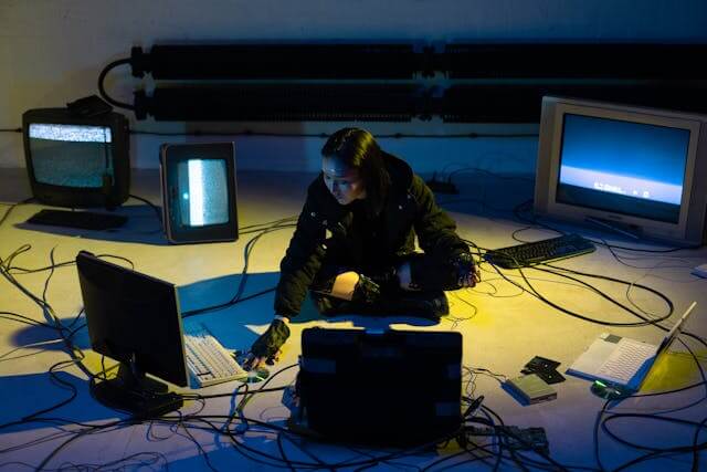 Woman sitting on the floor surrounded by multiple computer screens, cables, and electronic devices in a tech workspace.