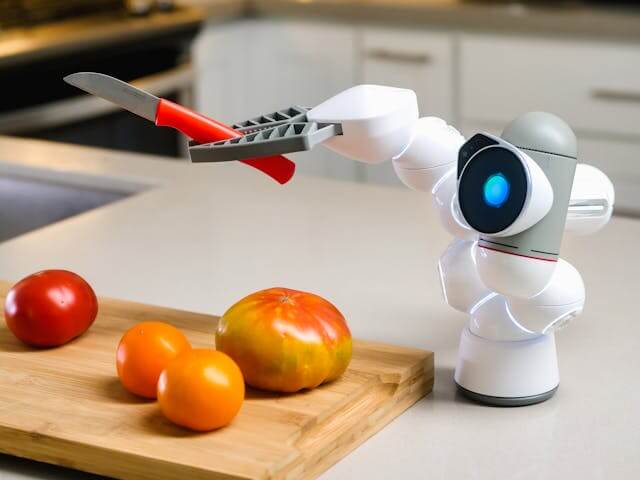 Smart kitchen gadgets on a countertop, including app-controlled appliances and digital cooking tools, symbolizing modern connected cooking.